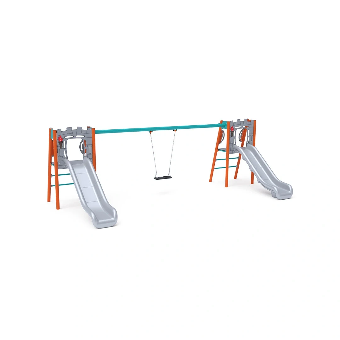 Dubbelrutschkana Tallboda – med gunga, 2,8 × 5,7 m, orange + turkos
