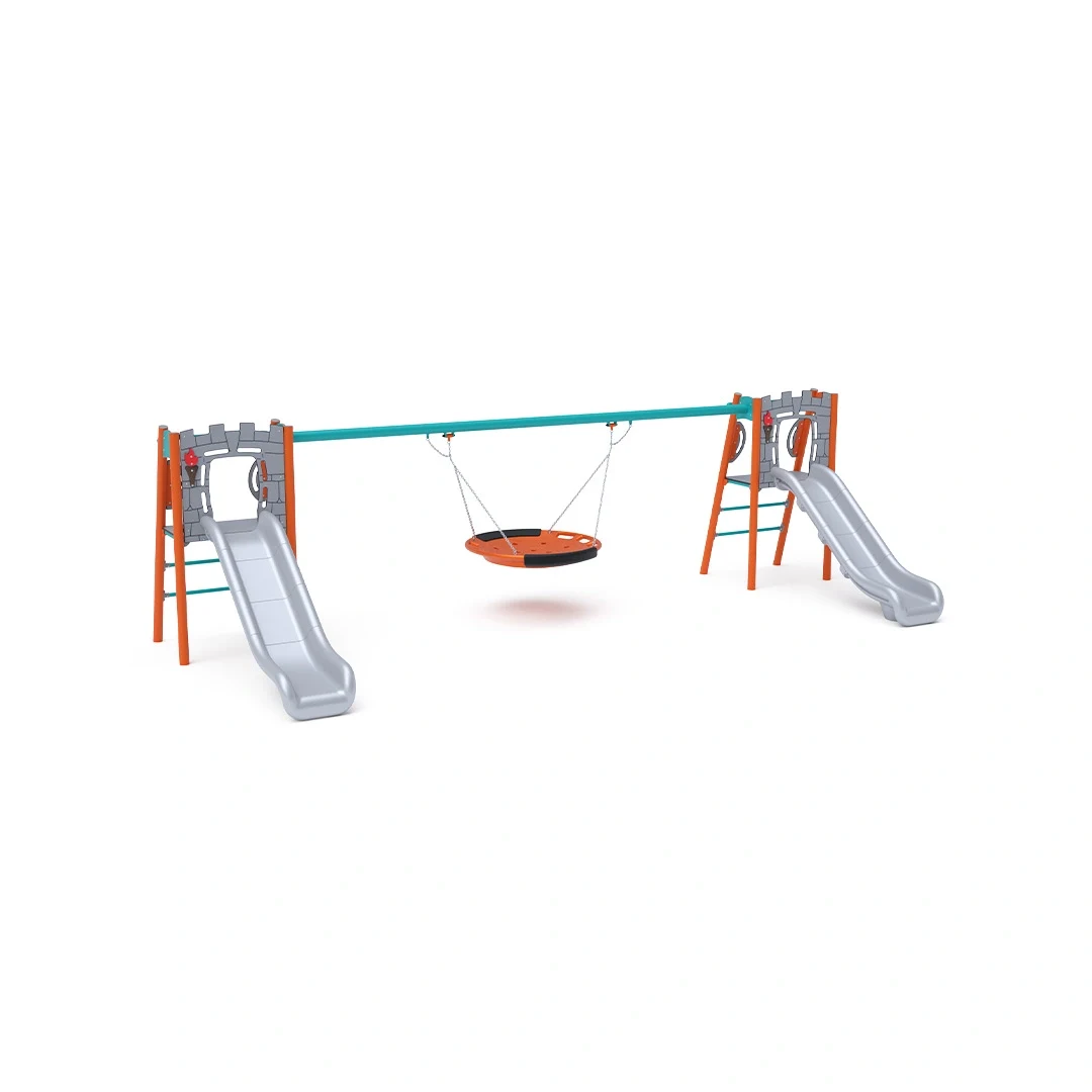Dubbelrutschkana Tallåsen – med gunga, 2,8 × 6,4 m, orange + turkos