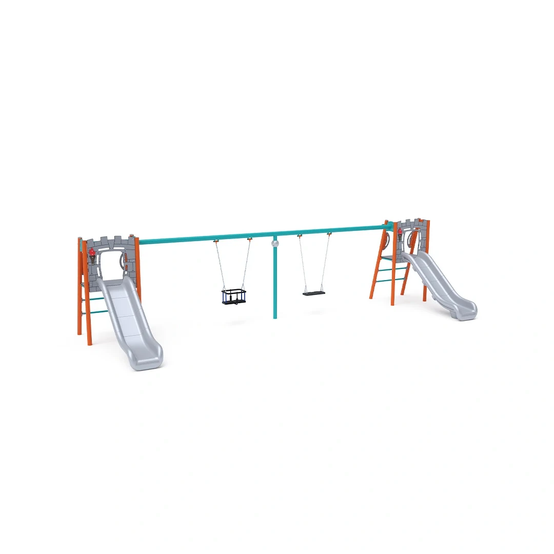 Dubbelrutschkana Tallvik – med gunga, 2,8 × 7,5 m, orange + turkos