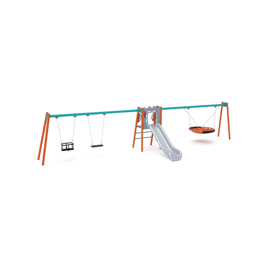 Dubbelrutschkana Taberg – med gunga, 2,8 × 9,2 m, orange + turkos