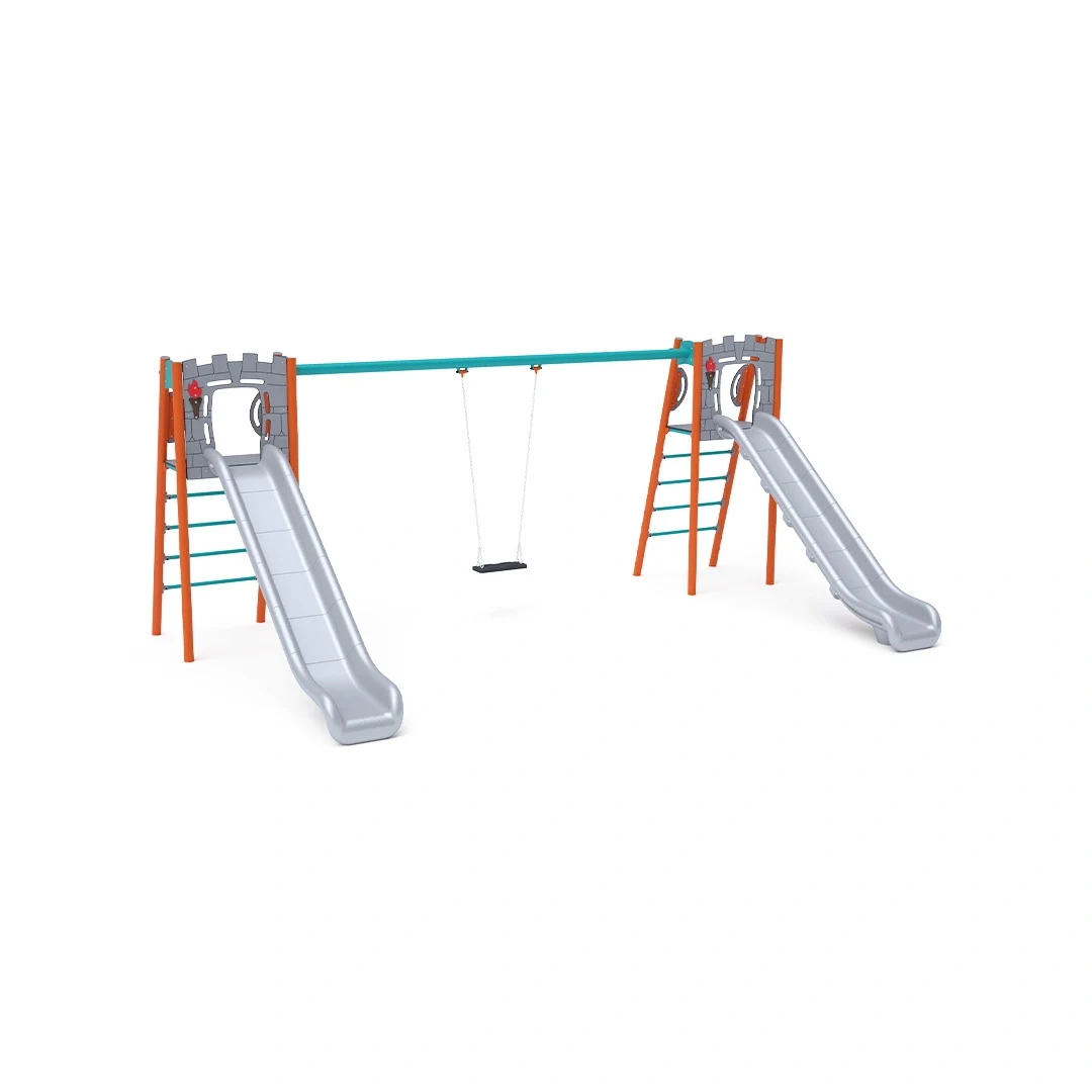 Dubbelrutschkana Tallboda – med gunga, 3,6 × 5,7 m, orange + turkos