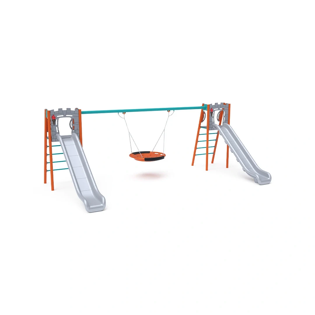Dubbelrutschkana Tallåsen – med gunga, 3,6 × 6,4 m, orange + turkos