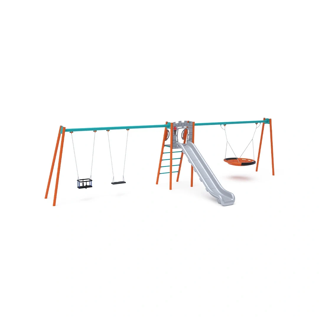 Dubbelrutschkana Taberg – med gunga, 3,6 × 9,4 m, orange + turkos