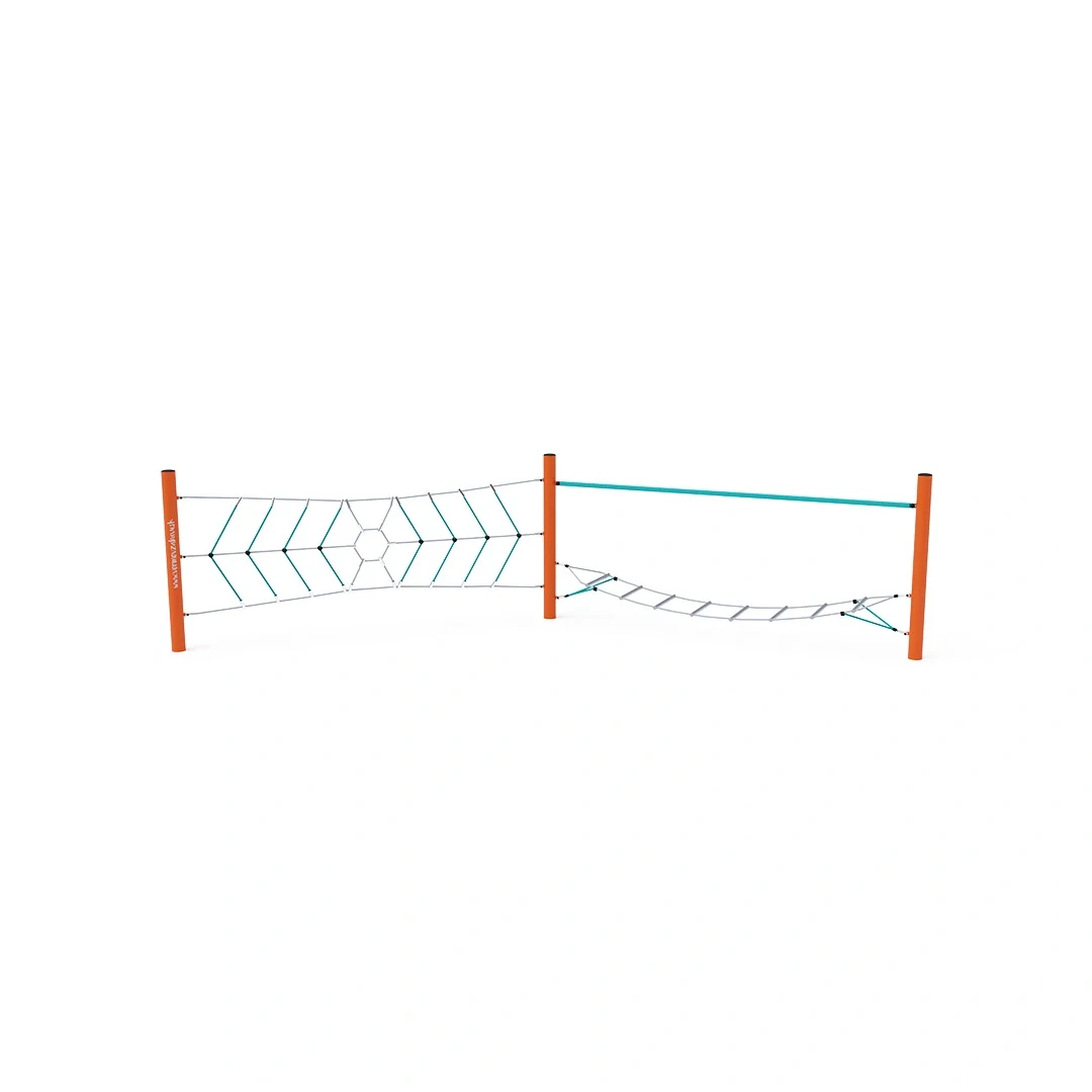 Klätterbana Sjörröd – med hexagonnät och repbro, orange + turkos