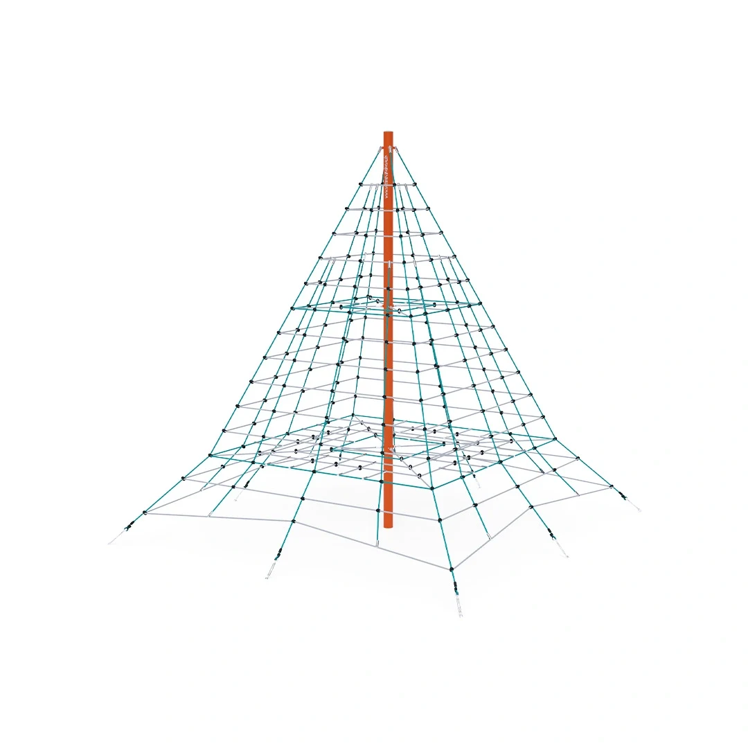 Klätterpyramid Skebobruk – 4,7 × 4,7 m, orange + turkos