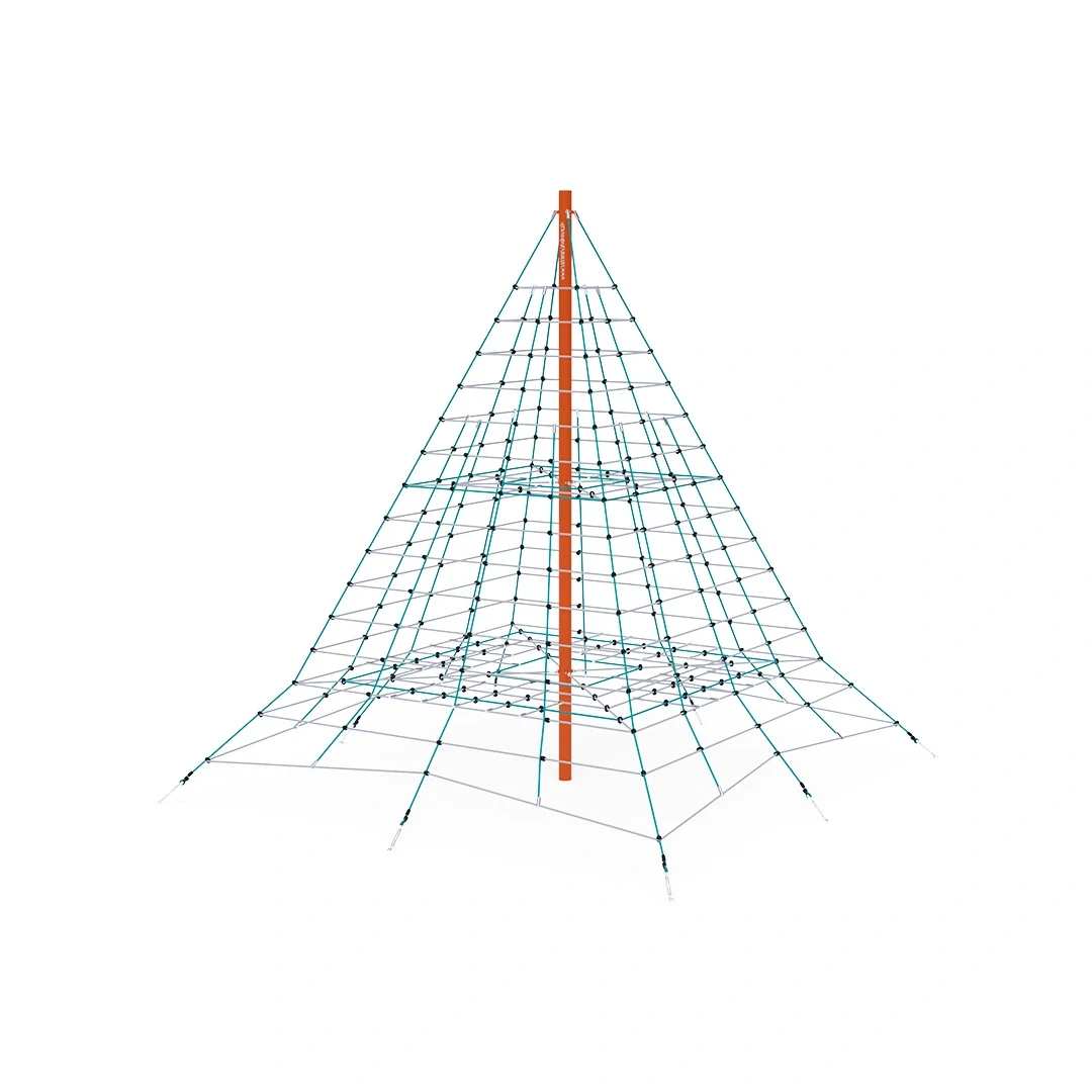 Klätterpyramid Skinnskatteberg – 5,2 × 5,2 m, orange + turkos