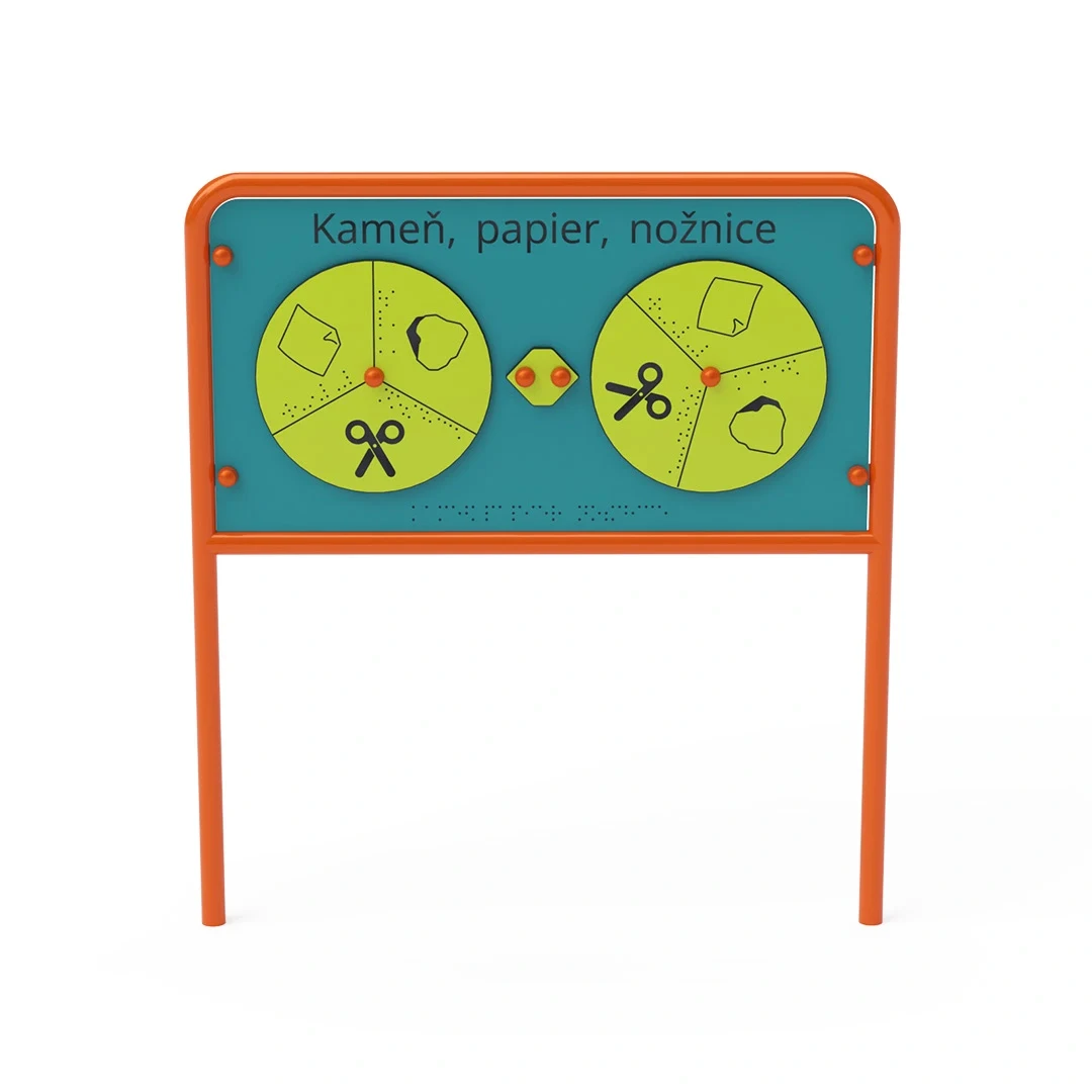 Lekpanel Saxdalen – sten-sax-påse, paper, scissors, orange + turkos