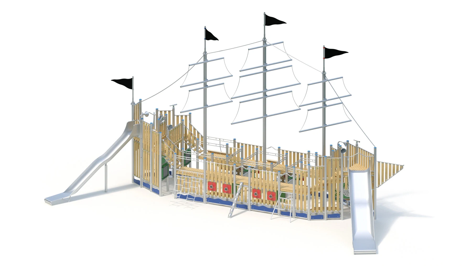 Lekskepp Barkarö – 17,75 × 8,20 m, rostfria stålstolpar