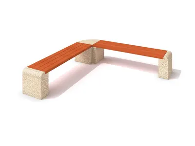 Betongbänk Nämdö, hörnbänk, hörnbänk med två sitsar i trä på fundament i betong med frilagd ballast