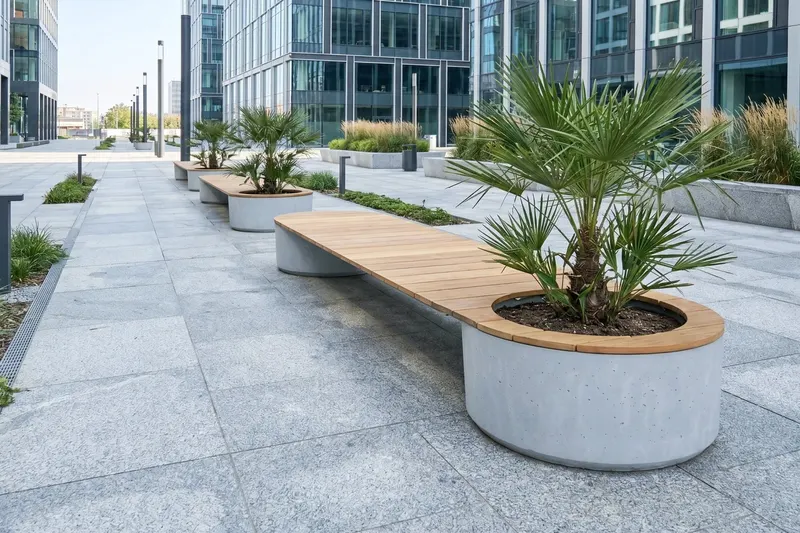 Parkbänk Öjebyn i utemiljö, med planteringsdelar