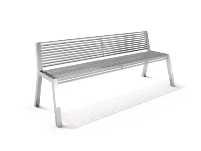 Parkbänk Ornö, parkbänk med ryggstöd med stomme i rostfritt stål och sits och ryggstöd i rostfritt stål