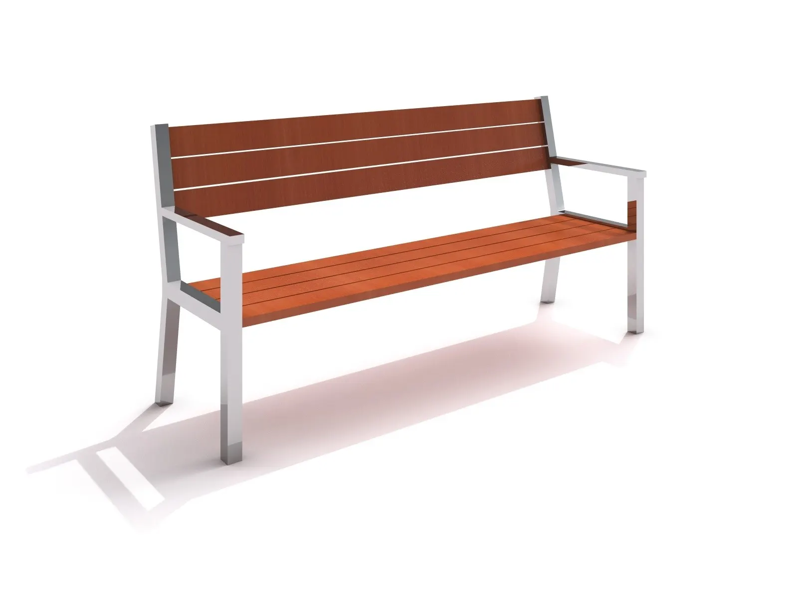 Parkbänk Steninge med ryggstöd, parkbänk med ryggstöd och armstöd med stomme i rostfritt stål och sits och ryggstöd i trä