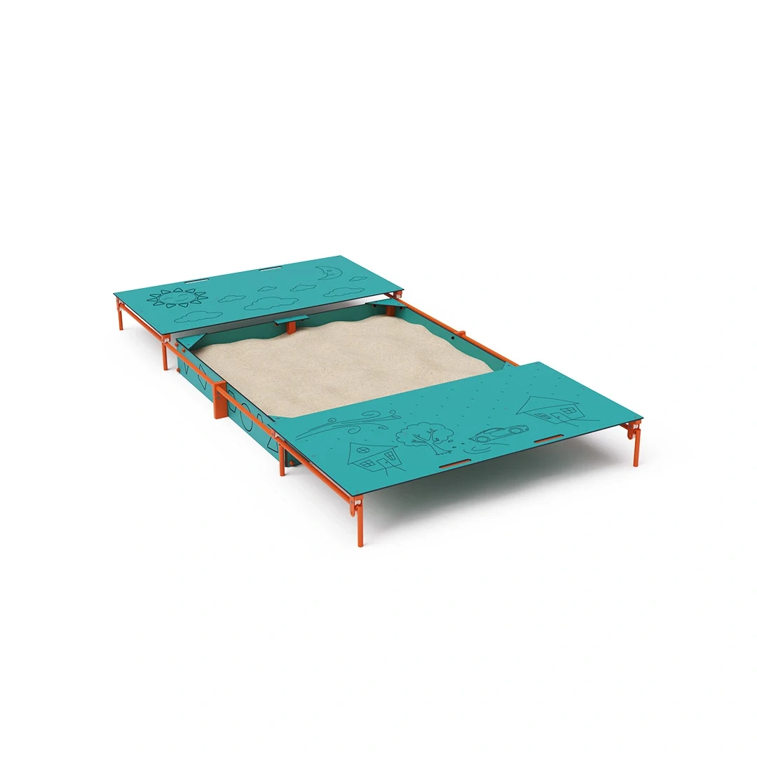 Pedagogisk sandlåda Skravelsjö – 2 × 2 m, orange + turkos