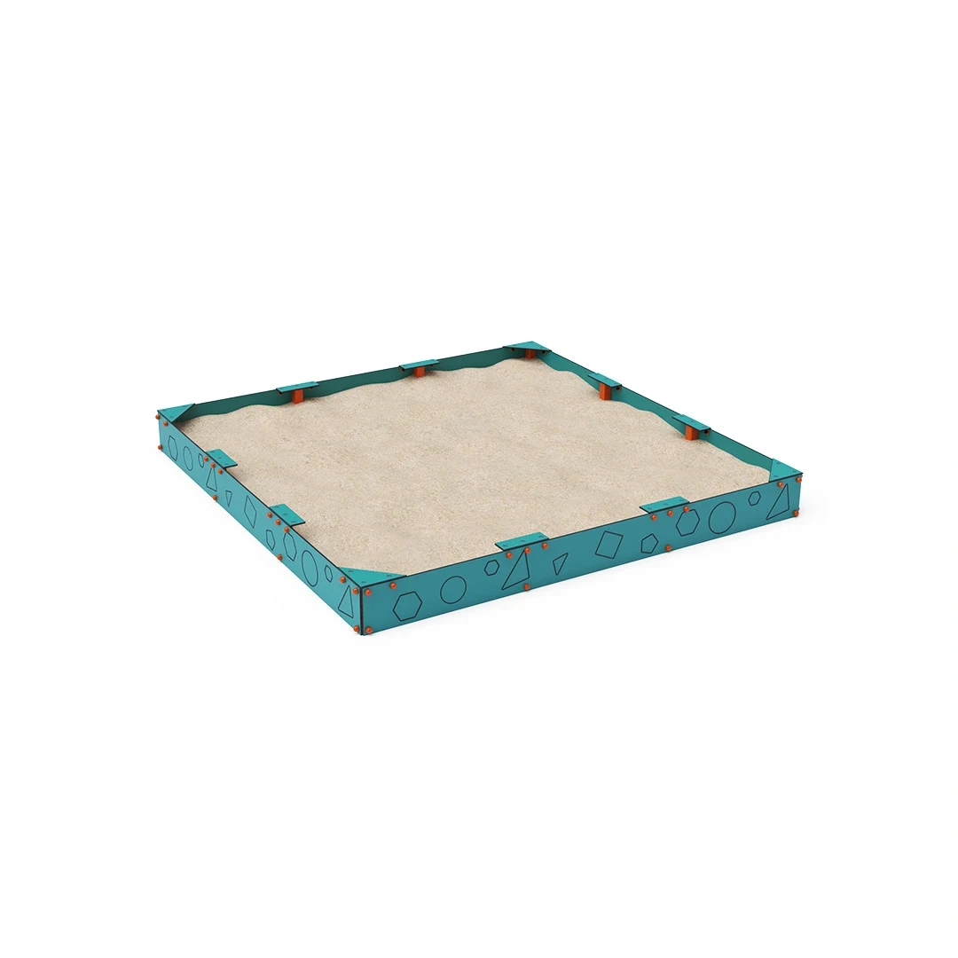 Pedagogisk sandlåda Skiftinge – 3,1 × 3,1 m, höjd 0,3 m, orange + turkos