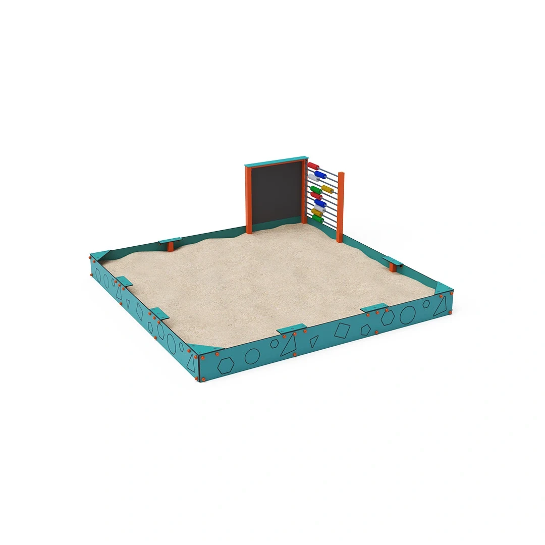 Pedagogisk sandlåda Skoby – 3,1 × 3,1 m, höjd 1,1 m, orange + turkos