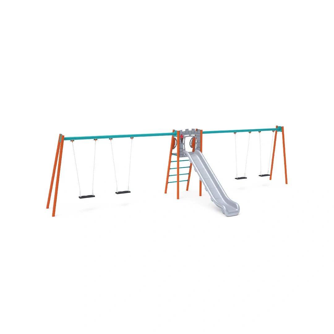 Rutschkana Söråker – med gunga, 3,6 × 9,4 m, orange + turkos