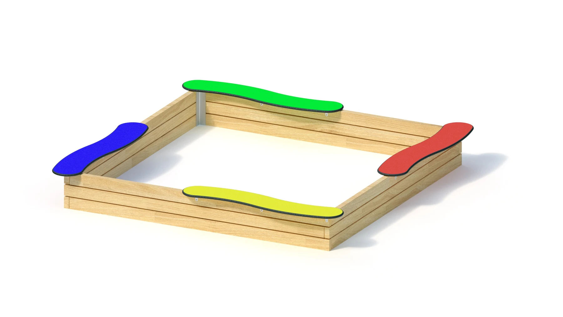 Sandlåda Bergagård – 2,65 × 2,65 m, 4 separata sittplattor