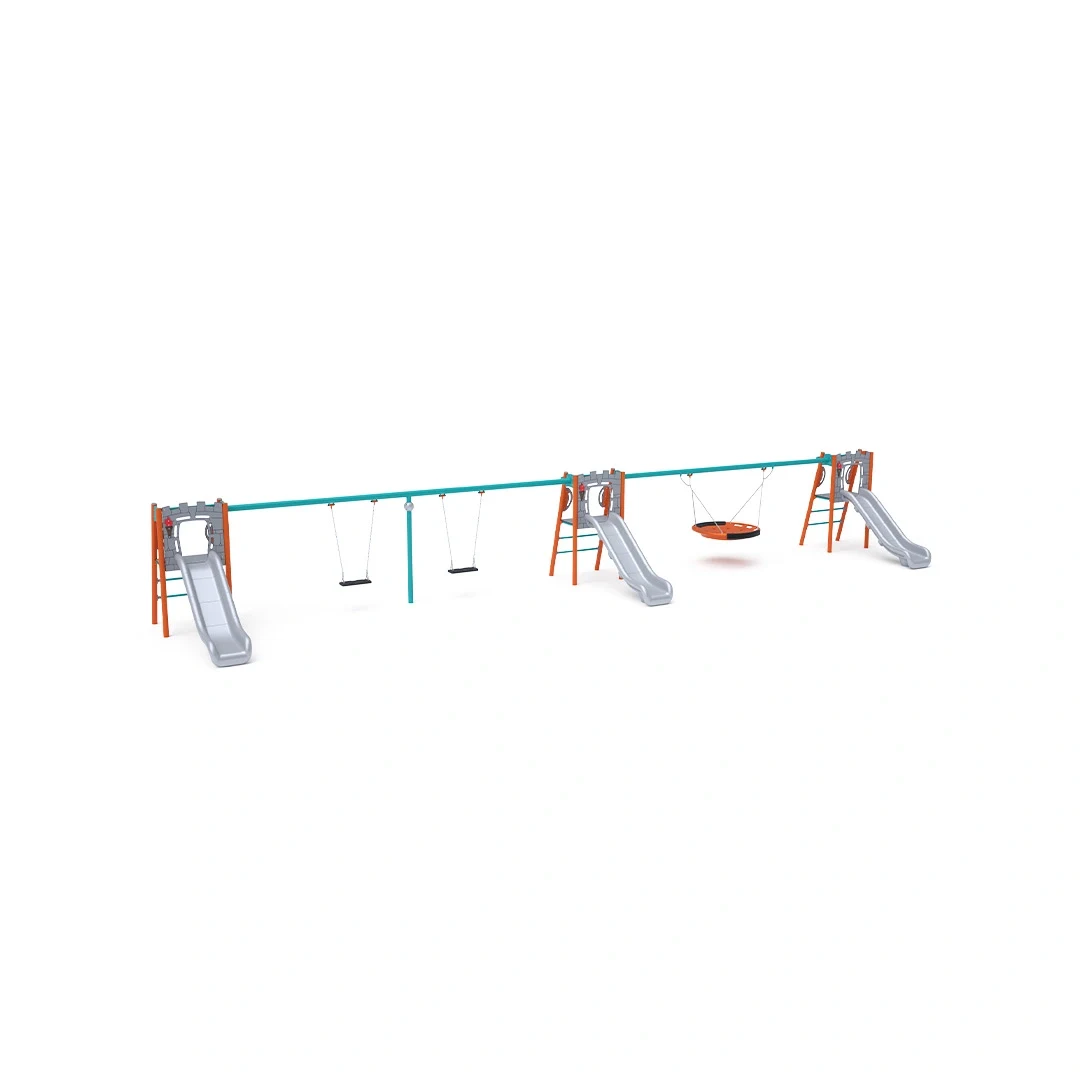 Trippelrutschkana Tanumshede – med gunga, 2,8 × 13 m, orange + turkos