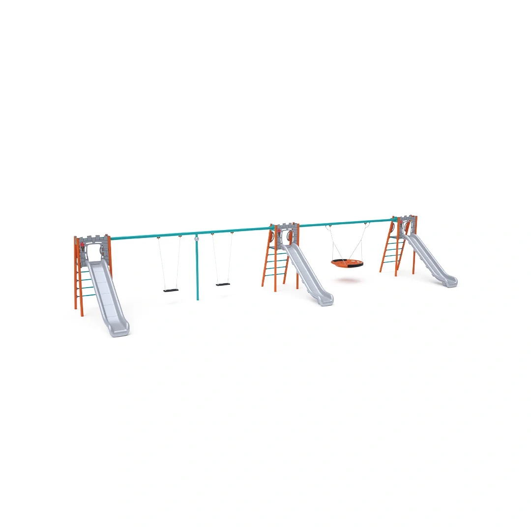 Trippelrutschkana Tanumshede – med gunga, 3,6 × 13 m, orange + turkos