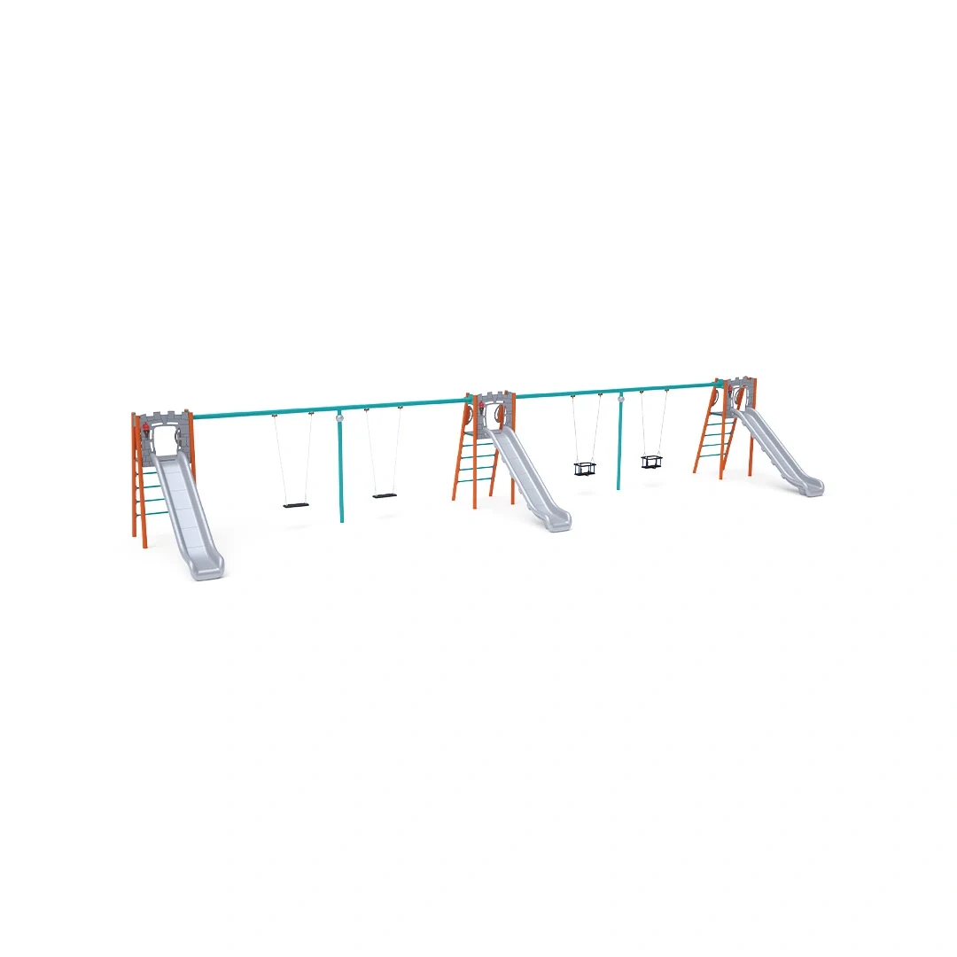 Trippelrutschkana Tandsbyn – med gunga, 3,6 × 14 m, orange + turkos