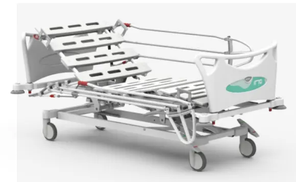 Elektrisk sjukhussäng med fyra motorer – med långsidiga metallgrindar