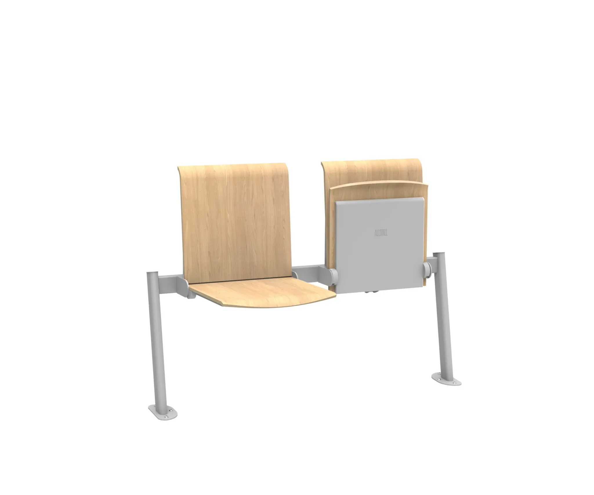 Fällbar bänk med 2 platser, grått stativ och sitsar i naturlig ek, en sits nedfälld och en uppfälld