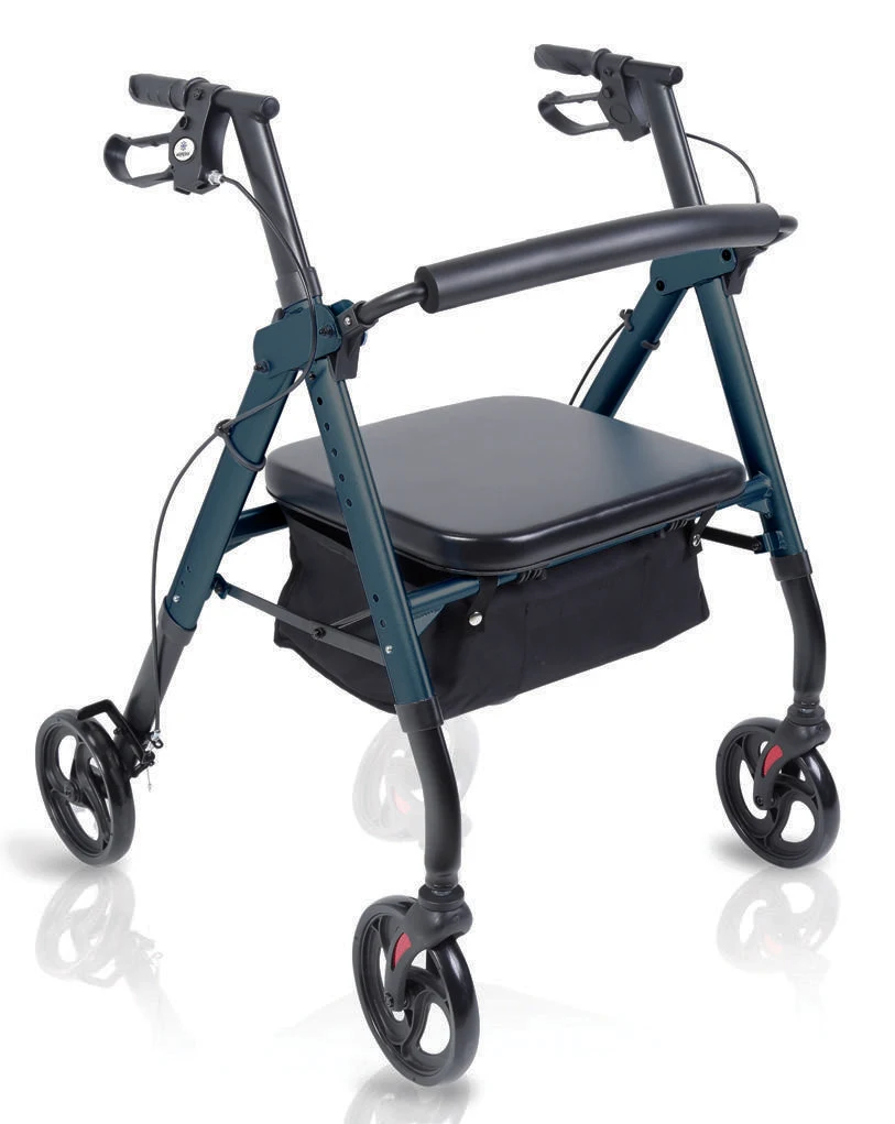 Förstärkt rollator med bred sits och förvaringsväska