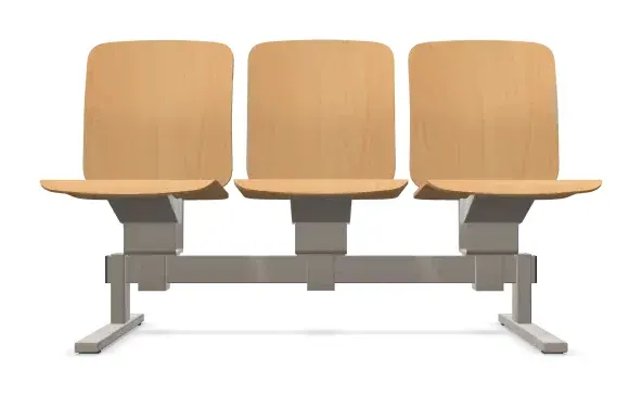 Fristående bänk med fällbara sitsar i bok, 3-sits – naturbok – tillverkarens rendering framifrån