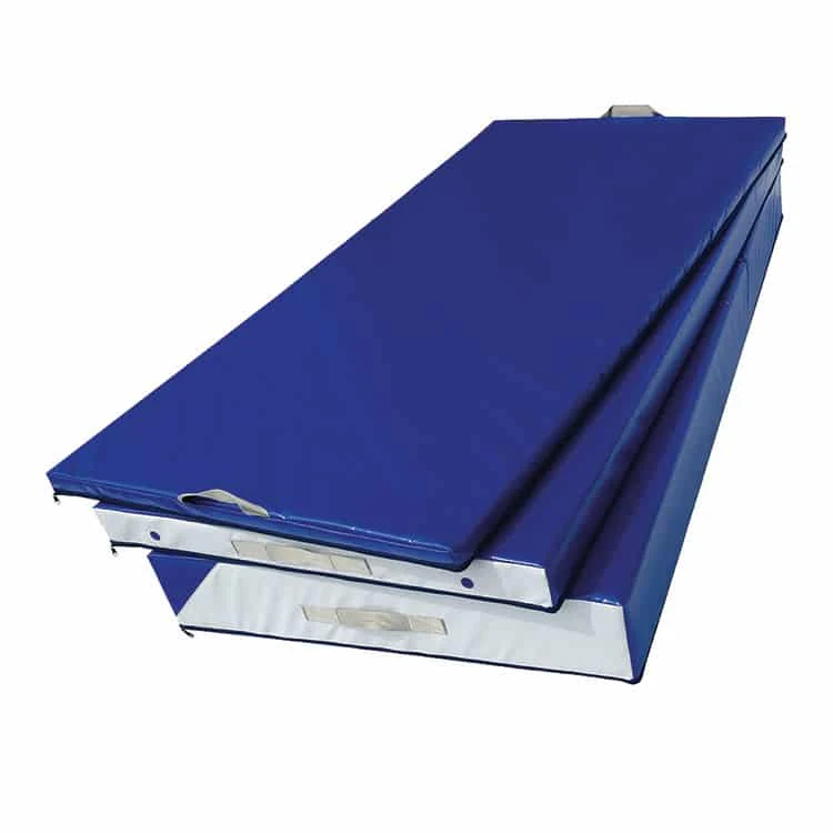 Gymnastikmadrass med PVC-överdrag, 200 × 100 cm – flera blå gymnastikmadrasser med bärhandtag staplade