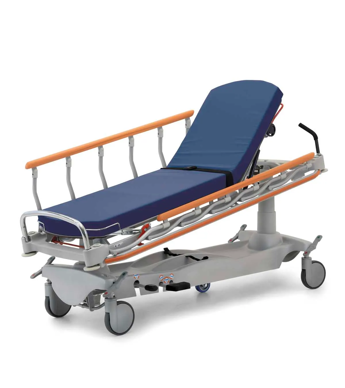 Hydraulisk akut- och transportbrits med sidogrindar och skjuthandtag