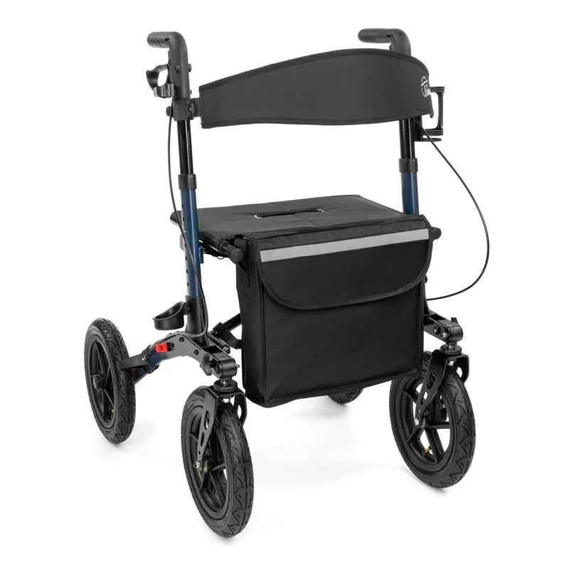 Rollator med stora luftfyllda hjul, sedd snett framifrån