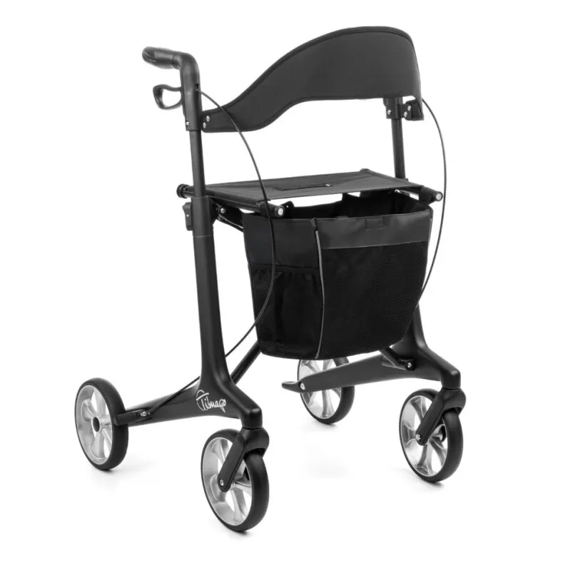 Rollator i kolfiber, svart, sedd snett framifrån