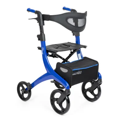Lätt rollator i aluminium, sedd snett framifrån
