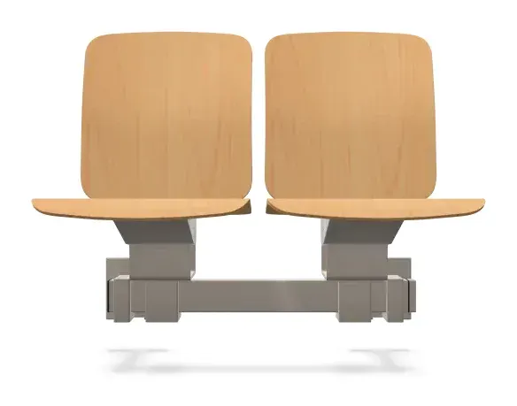 Väggmonterad bänk med fällbara sitsar i bok, 2-sits – naturbok – tillverkarens rendering framifrån