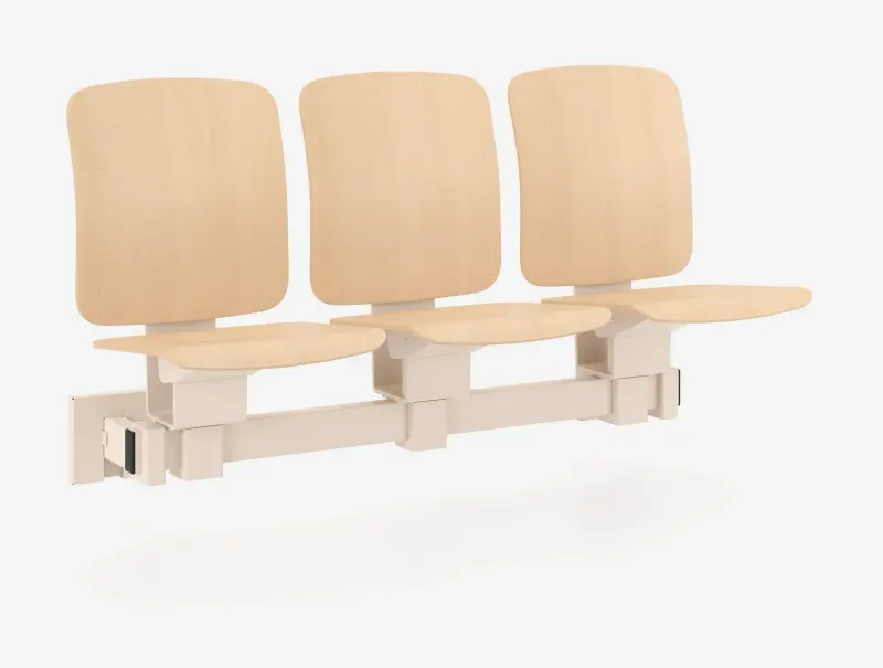 Väggmonterad bänk med fällbara sitsar i bok, 3-sits – naturbok – perspektiv