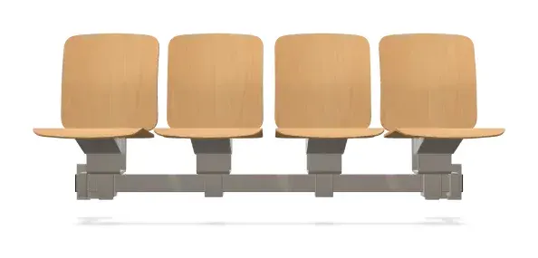 Väggmonterad bänk med fällbara sitsar i bok, 4-sits – naturbok / ljust gråbeige stativ – tillverkarens rendering framifrån