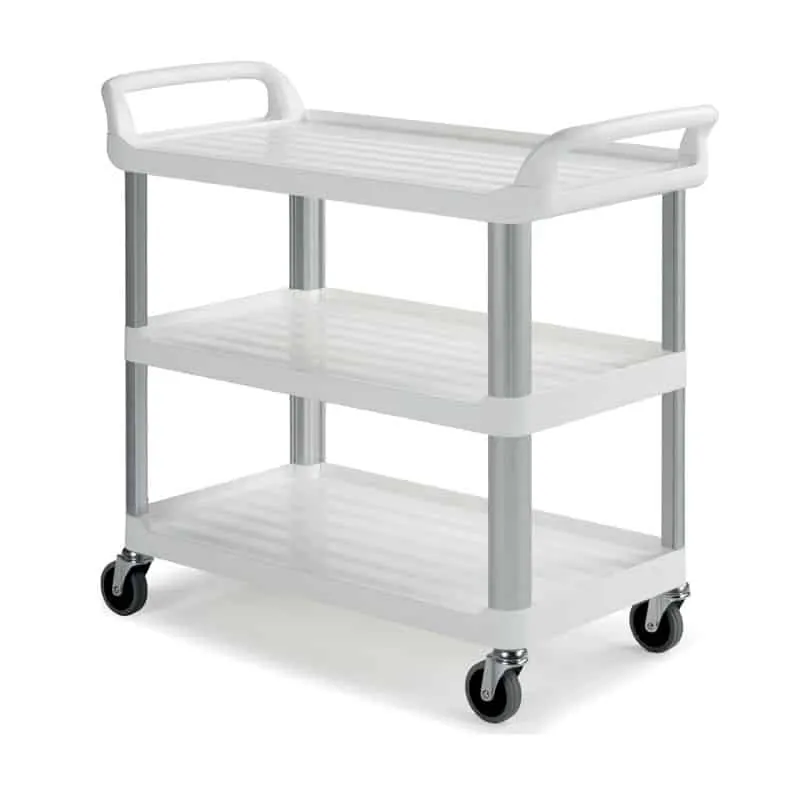 Vagn i aluminium med tre vita plasthyllor